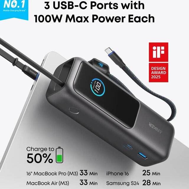 Anker 25000mAh 165W Power Bank with Built-In USB-C Cables - Byte Store