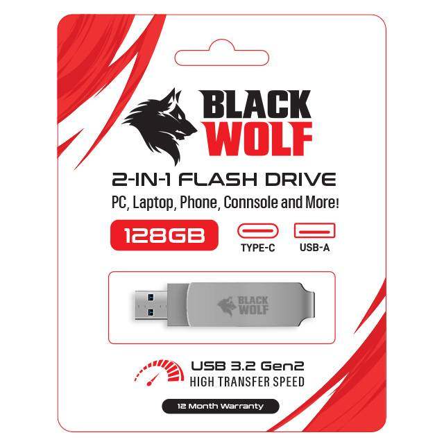 Black Wolf : 128GB 2-in-1 (USB-C & USB-A 3.2) Flash Drive - Byte Store