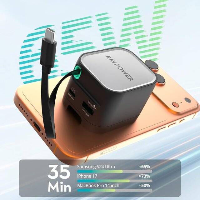 RAVPower RP-PC1102 65W GaN Foldable Charger with Retractable USB-C Cable - Byte Store