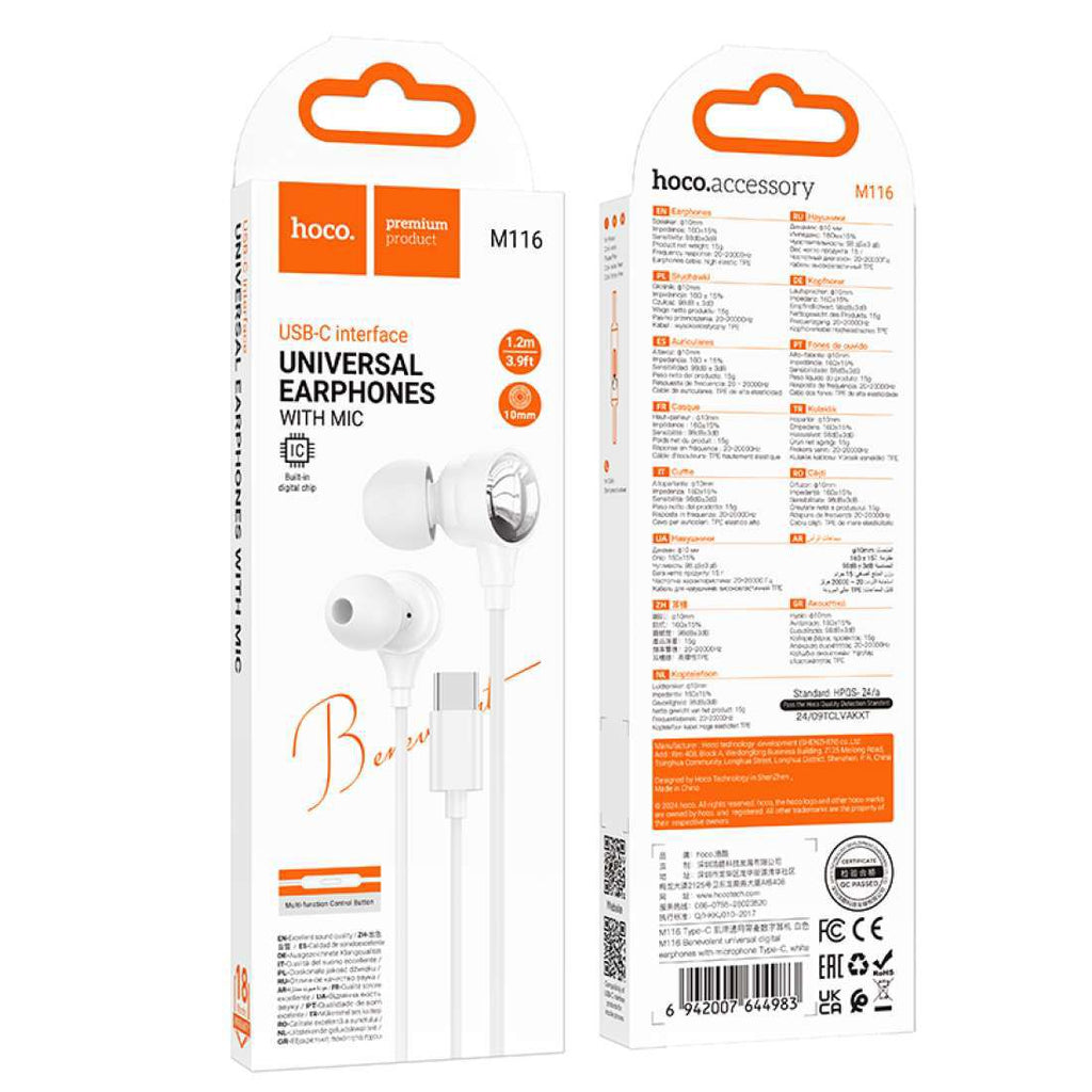 Hoco M116 USB-C Wired Earphones with Mic - Byte Store