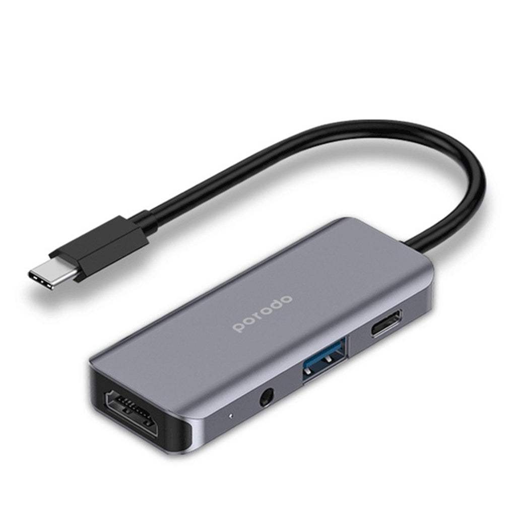Porodo 4 in 1 USB-C Hub Type-C PD 100W HDMI USB 3.5mm Aux - Byte Store