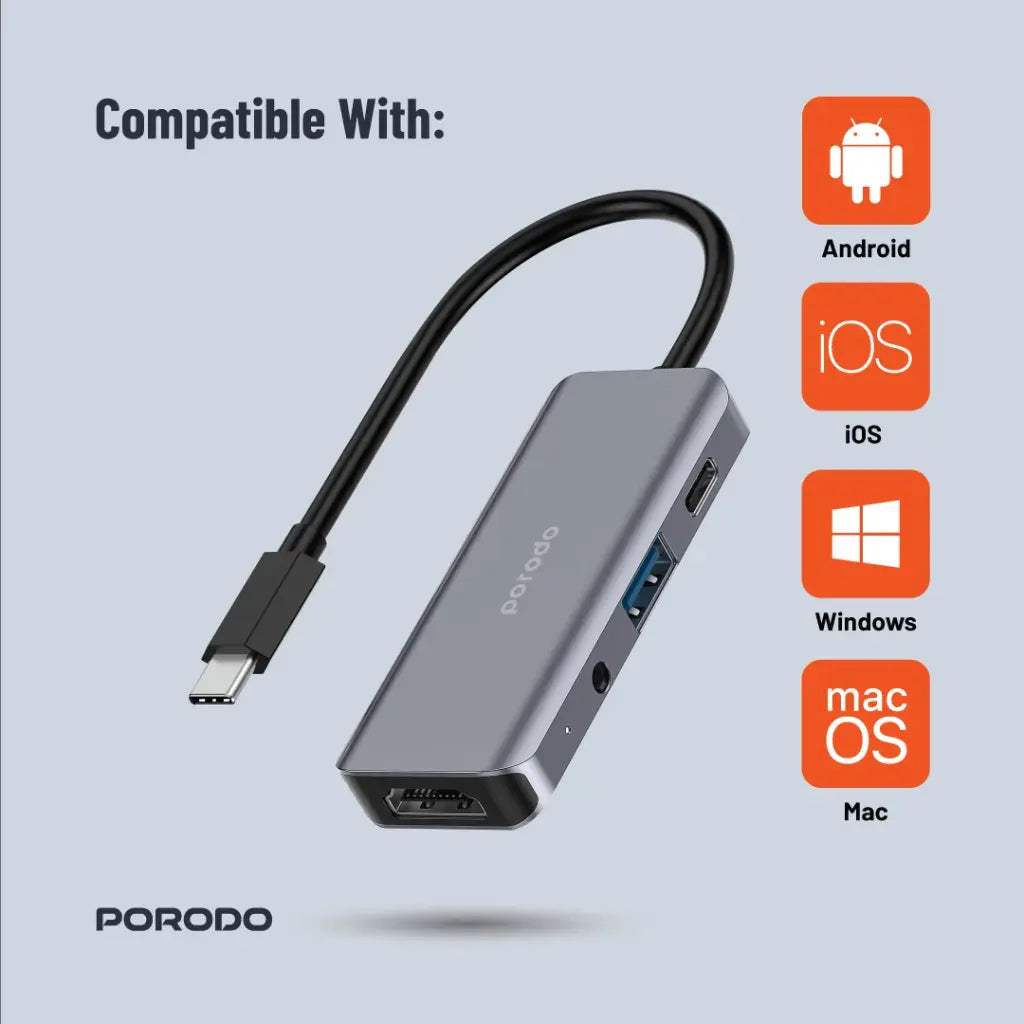 Porodo 4 in 1 USB-C Hub Type-C PD 100W HDMI USB 3.5mm Aux - Byte Store