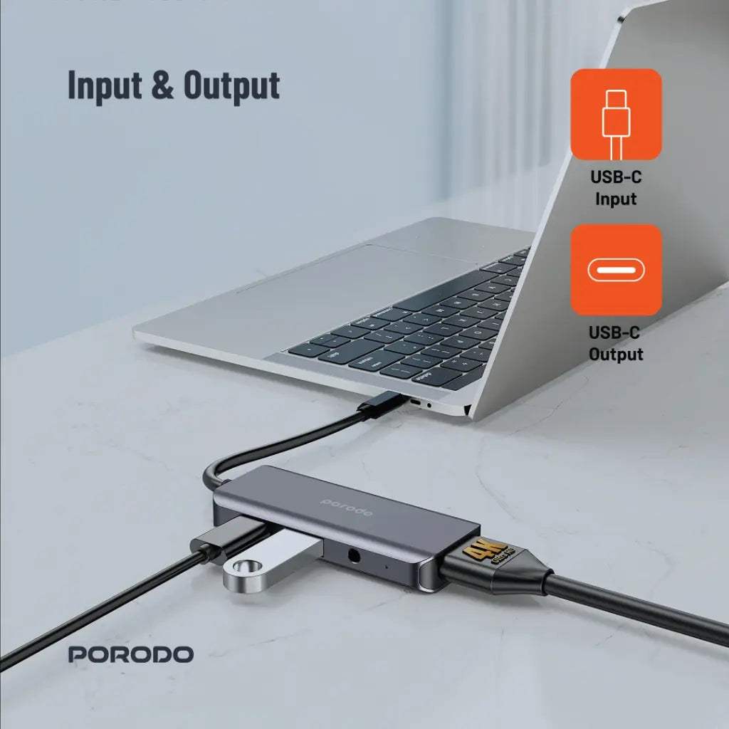 Porodo 4 in 1 USB-C Hub Type-C PD 100W HDMI USB 3.5mm Aux - Byte Store