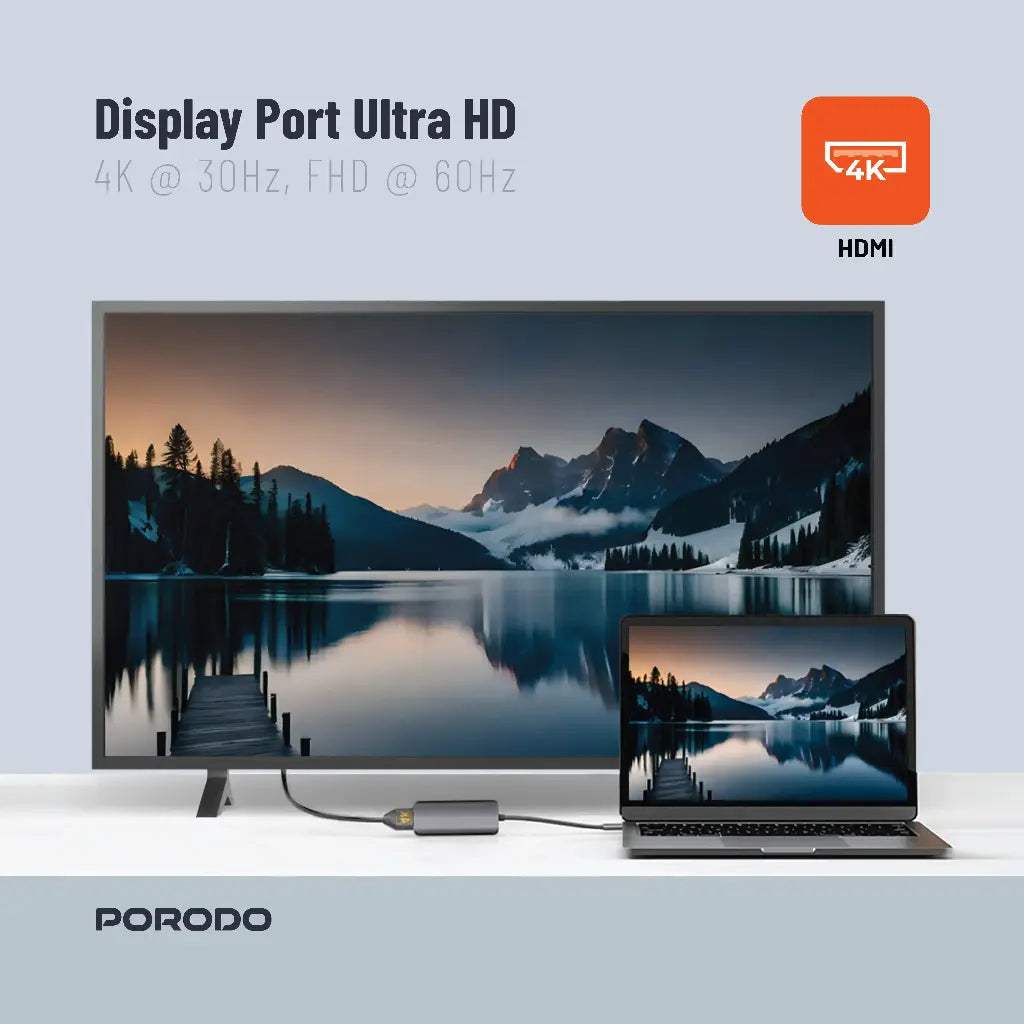 Porodo 4 in 1 USB-C Hub Type-C PD 100W HDMI USB 3.5mm Aux - Byte Store