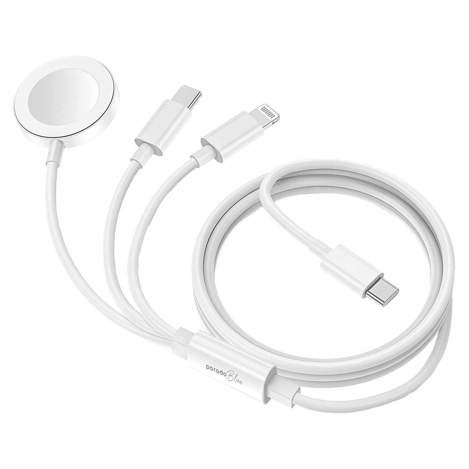 Porodo Blue All in One USB-C to Lightning / Type-C / Apple Watch Charger 1.2M - White - Byte Store