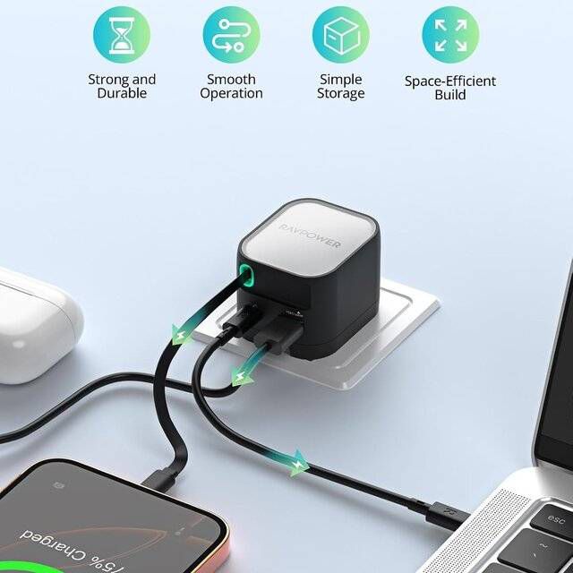 RAVPower RP-PC1102 65W GaN Foldable Charger with Retractable USB-C Cable - Byte Store