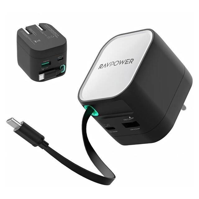 RAVPower RP-PC1102 65W GaN Foldable Charger with Retractable USB-C Cable - Byte Store