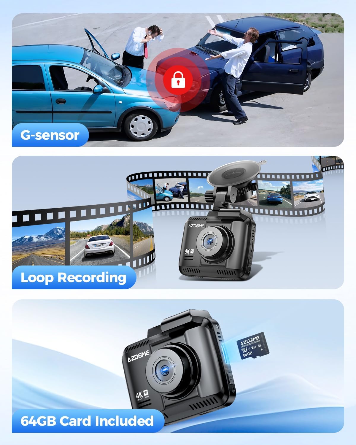 AZDOME GS63H Pro 4K 2 Channel Dash Cam + Free 64GB MicroSD Card
