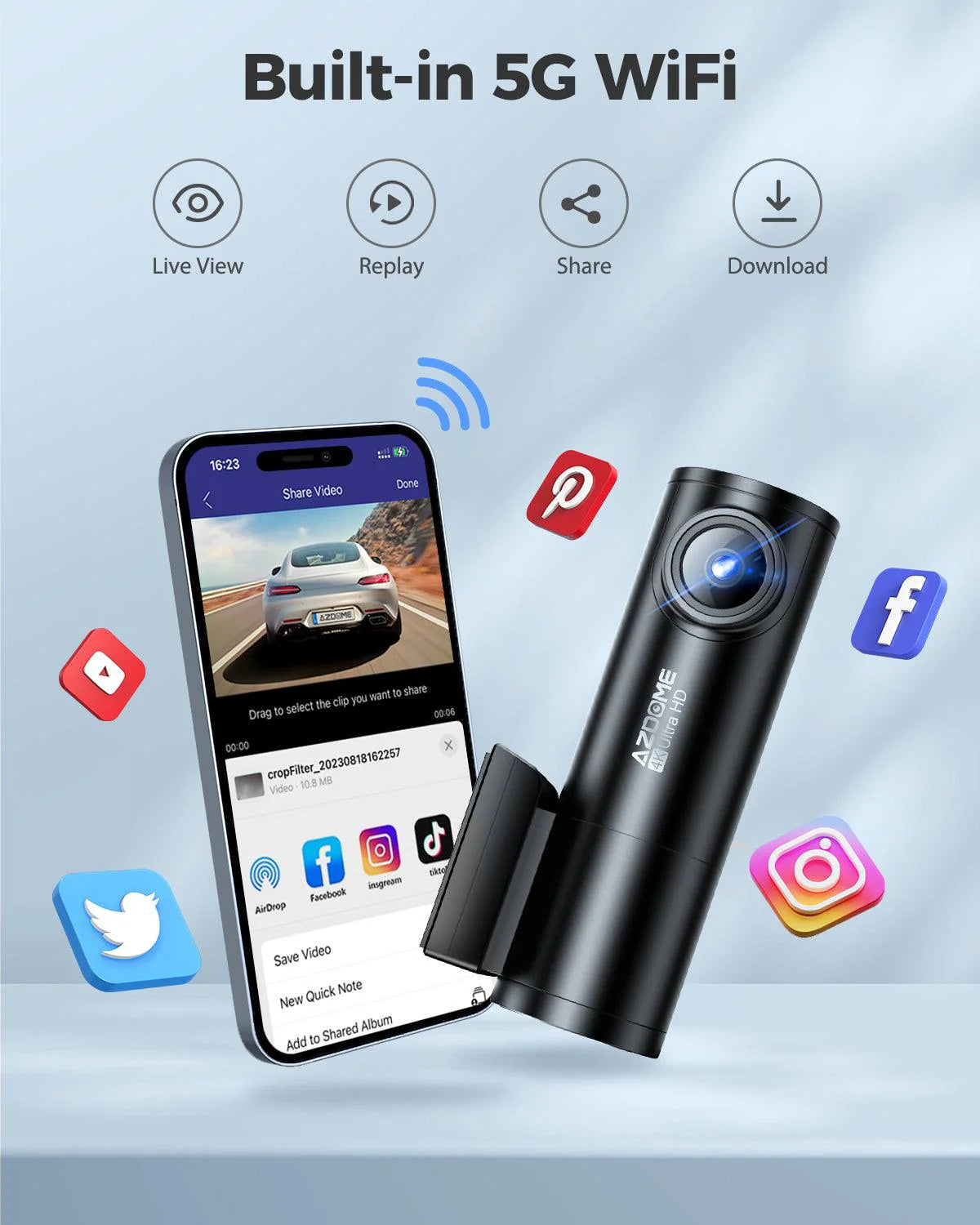 AZDOME M300S 2CH Dash Cam 4K with 5.8G WiFi GPS Voice Control WDR Night Vision 24H Parking Mode